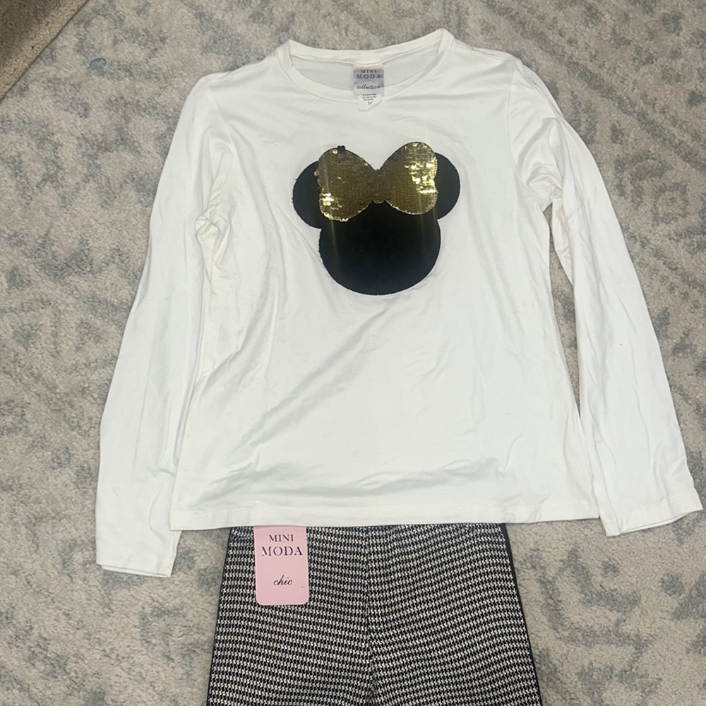 NWT Mini Moda Minnie Mouse Glitter set - LS top & elastic pants.